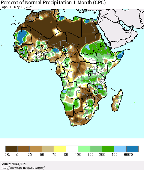 Africa Percent of Normal Precipitation 1-Month (CPC) Thematic Map For 4/11/2023 - 5/10/2023
