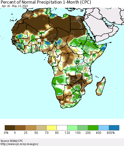 Africa Percent of Normal Precipitation 1-Month (CPC) Thematic Map For 4/16/2023 - 5/15/2023