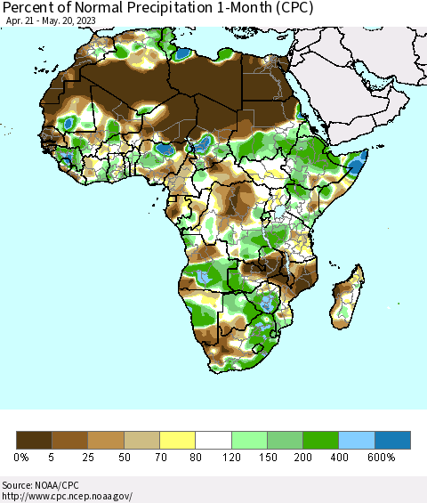 Africa Percent of Normal Precipitation 1-Month (CPC) Thematic Map For 4/21/2023 - 5/20/2023
