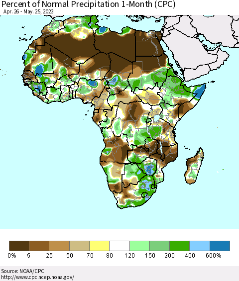Africa Percent of Normal Precipitation 1-Month (CPC) Thematic Map For 4/26/2023 - 5/25/2023