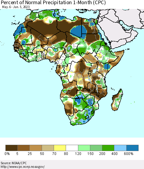 Africa Percent of Normal Precipitation 1-Month (CPC) Thematic Map For 5/6/2023 - 6/5/2023