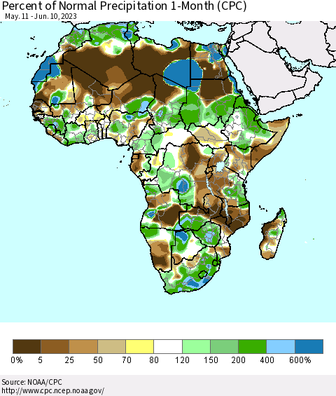 Africa Percent of Normal Precipitation 1-Month (CPC) Thematic Map For 5/11/2023 - 6/10/2023