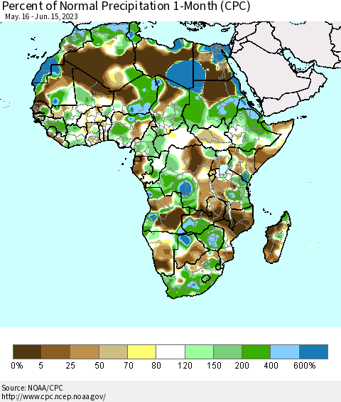 Africa Percent of Normal Precipitation 1-Month (CPC) Thematic Map For 5/16/2023 - 6/15/2023
