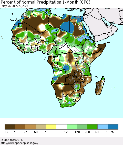 Africa Percent of Normal Precipitation 1-Month (CPC) Thematic Map For 5/26/2023 - 6/25/2023
