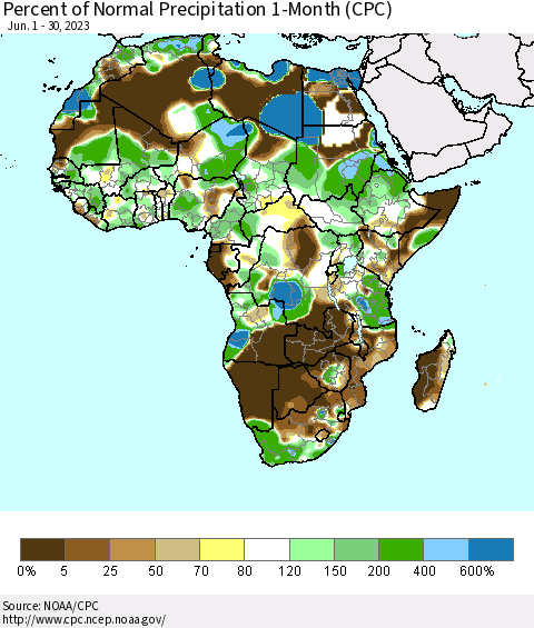 Africa Percent of Normal Precipitation 1-Month (CPC) Thematic Map For 6/1/2023 - 6/30/2023