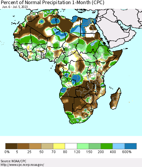 Africa Percent of Normal Precipitation 1-Month (CPC) Thematic Map For 6/6/2023 - 7/5/2023