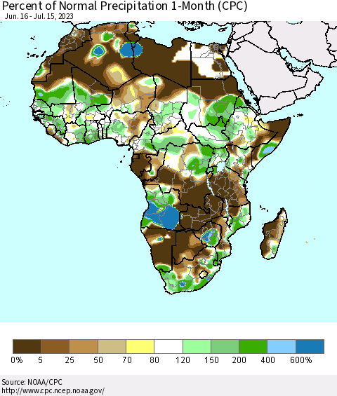 Africa Percent of Normal Precipitation 1-Month (CPC) Thematic Map For 6/16/2023 - 7/15/2023