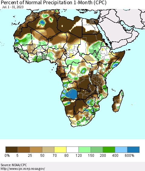 Africa Percent of Normal Precipitation 1-Month (CPC) Thematic Map For 7/1/2023 - 7/31/2023