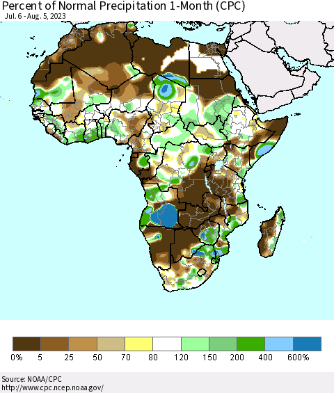 Africa Percent of Normal Precipitation 1-Month (CPC) Thematic Map For 7/6/2023 - 8/5/2023