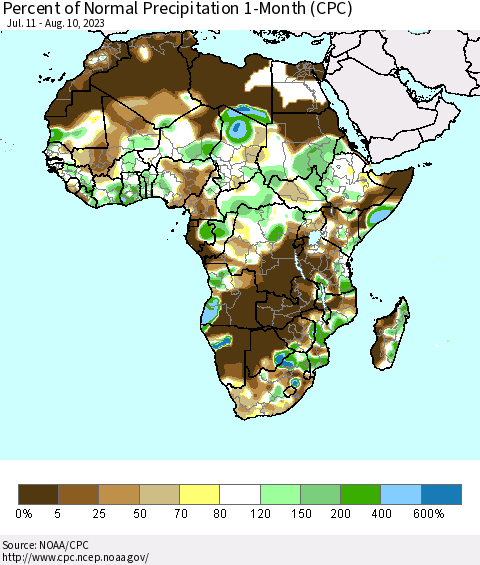 Africa Percent of Normal Precipitation 1-Month (CPC) Thematic Map For 7/11/2023 - 8/10/2023