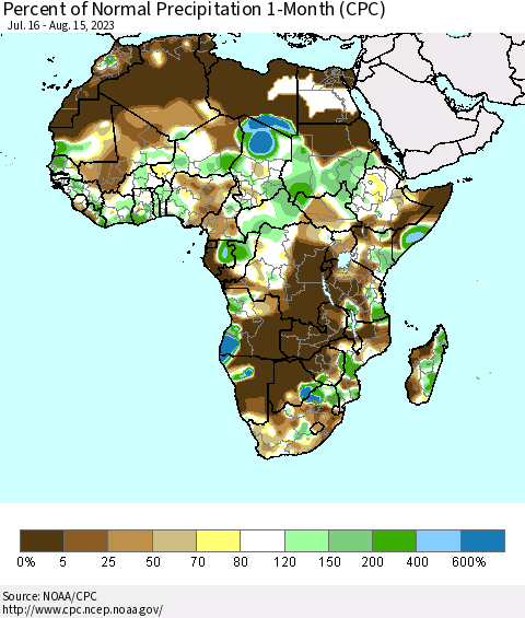Africa Percent of Normal Precipitation 1-Month (CPC) Thematic Map For 7/16/2023 - 8/15/2023