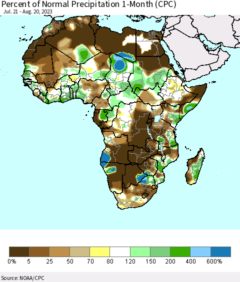 Africa Percent of Normal Precipitation 1-Month (CPC) Thematic Map For 7/21/2023 - 8/20/2023