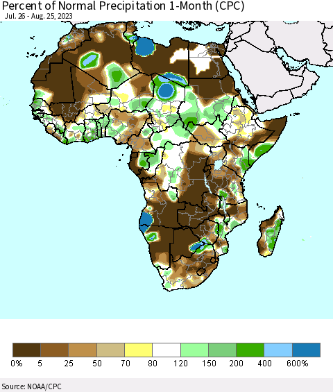 Africa Percent of Normal Precipitation 1-Month (CPC) Thematic Map For 7/26/2023 - 8/25/2023