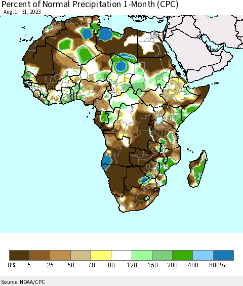 Africa Percent of Normal Precipitation 1-Month (CPC) Thematic Map For 8/1/2023 - 8/31/2023