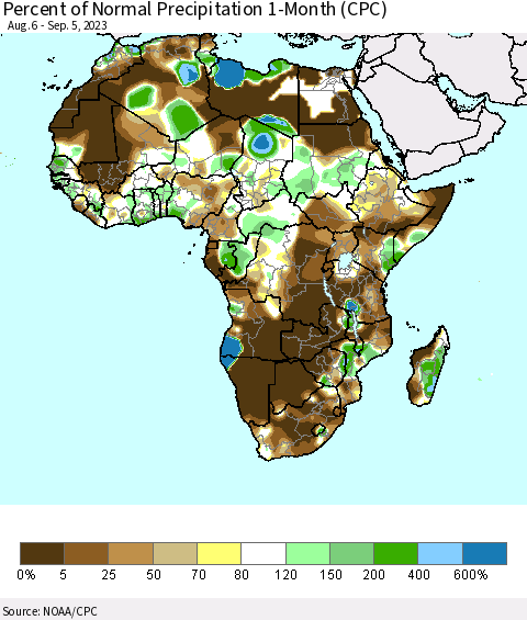 Africa Percent of Normal Precipitation 1-Month (CPC) Thematic Map For 8/6/2023 - 9/5/2023