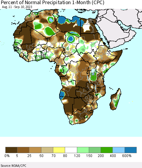 Africa Percent of Normal Precipitation 1-Month (CPC) Thematic Map For 8/11/2023 - 9/10/2023