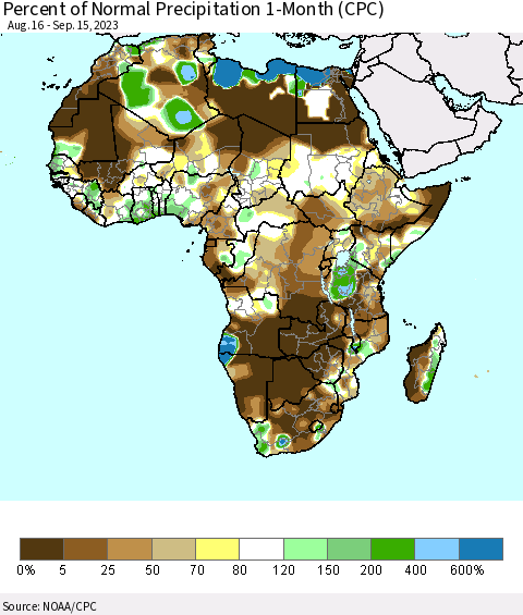Africa Percent of Normal Precipitation 1-Month (CPC) Thematic Map For 8/16/2023 - 9/15/2023