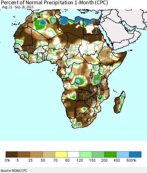 Africa Percent of Normal Precipitation 1-Month (CPC) Thematic Map For 8/21/2023 - 9/20/2023