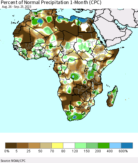 Africa Percent of Normal Precipitation 1-Month (CPC) Thematic Map For 8/26/2023 - 9/25/2023