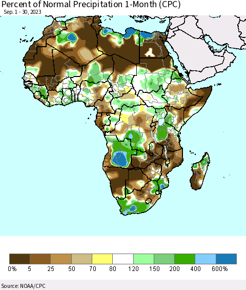 Africa Percent of Normal Precipitation 1-Month (CPC) Thematic Map For 9/1/2023 - 9/30/2023