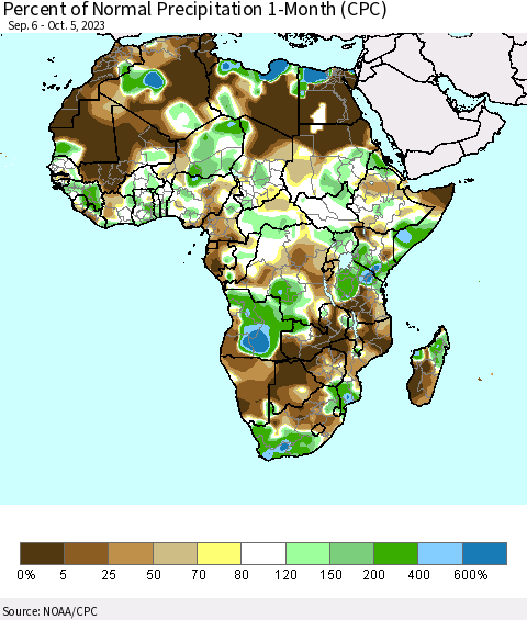 Africa Percent of Normal Precipitation 1-Month (CPC) Thematic Map For 9/6/2023 - 10/5/2023