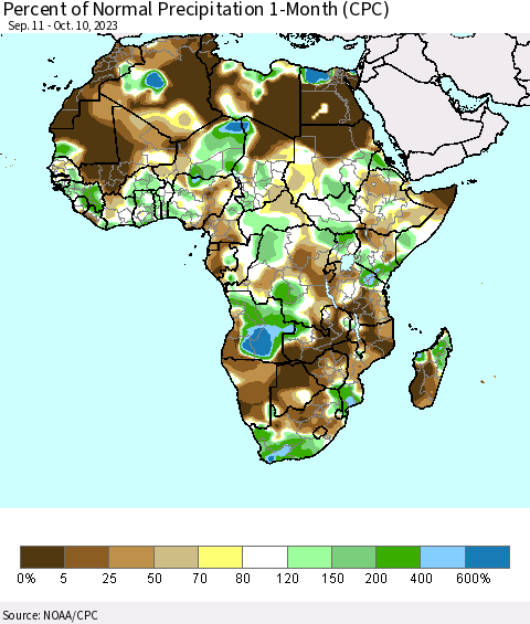 Africa Percent of Normal Precipitation 1-Month (CPC) Thematic Map For 9/11/2023 - 10/10/2023