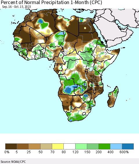 Africa Percent of Normal Precipitation 1-Month (CPC) Thematic Map For 9/16/2023 - 10/15/2023