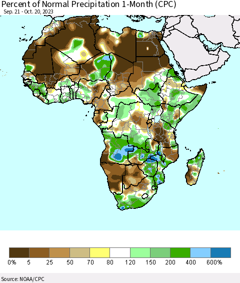 Africa Percent of Normal Precipitation 1-Month (CPC) Thematic Map For 9/21/2023 - 10/20/2023
