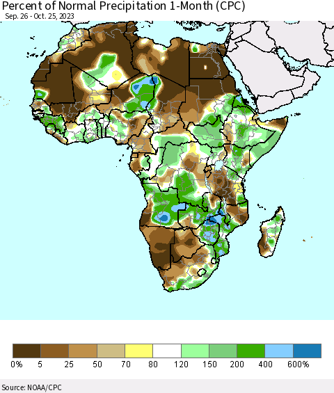 Africa Percent of Normal Precipitation 1-Month (CPC) Thematic Map For 9/26/2023 - 10/25/2023
