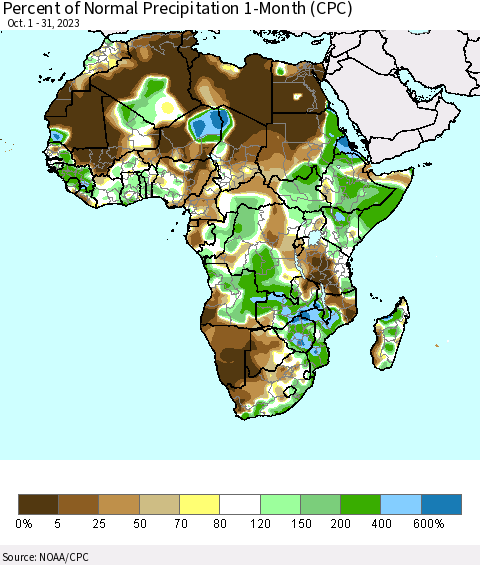 Africa Percent of Normal Precipitation 1-Month (CPC) Thematic Map For 10/1/2023 - 10/31/2023