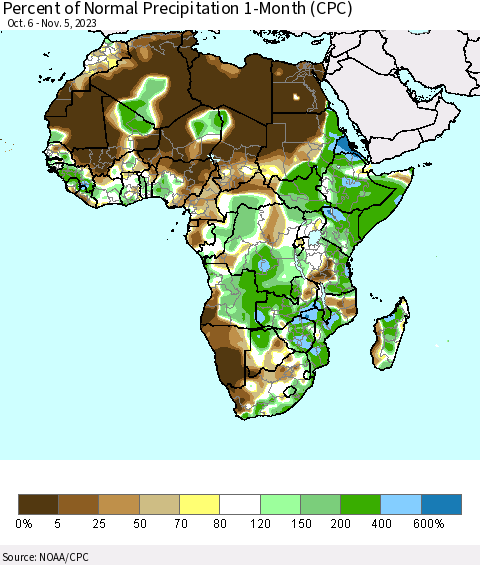 Africa Percent of Normal Precipitation 1-Month (CPC) Thematic Map For 10/6/2023 - 11/5/2023