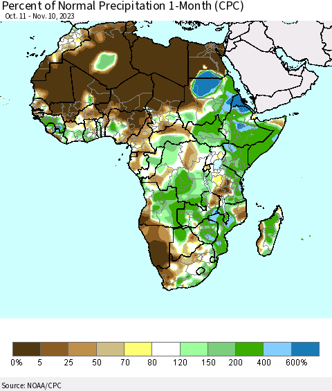 Africa Percent of Normal Precipitation 1-Month (CPC) Thematic Map For 10/11/2023 - 11/10/2023