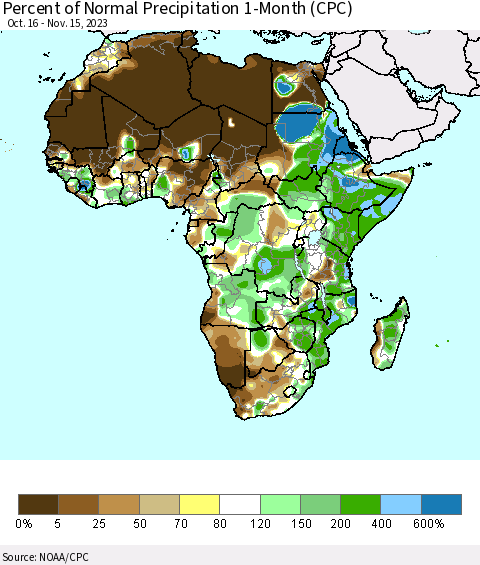 Africa Percent of Normal Precipitation 1-Month (CPC) Thematic Map For 10/16/2023 - 11/15/2023