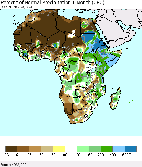 Africa Percent of Normal Precipitation 1-Month (CPC) Thematic Map For 10/21/2023 - 11/20/2023