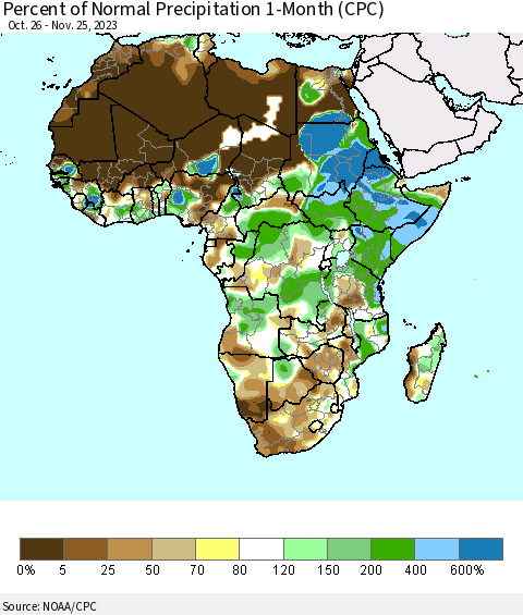 Africa Percent of Normal Precipitation 1-Month (CPC) Thematic Map For 10/26/2023 - 11/25/2023