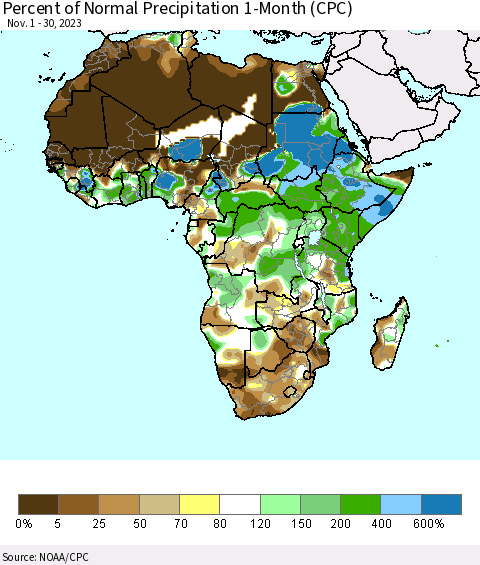 Africa Percent of Normal Precipitation 1-Month (CPC) Thematic Map For 11/1/2023 - 11/30/2023