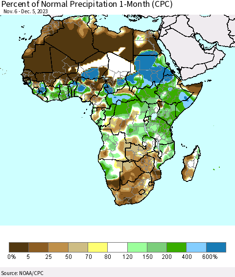 Africa Percent of Normal Precipitation 1-Month (CPC) Thematic Map For 11/6/2023 - 12/5/2023