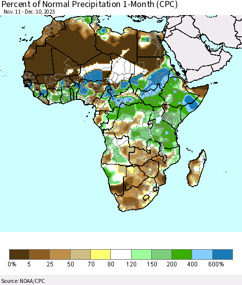Africa Percent of Normal Precipitation 1-Month (CPC) Thematic Map For 11/11/2023 - 12/10/2023