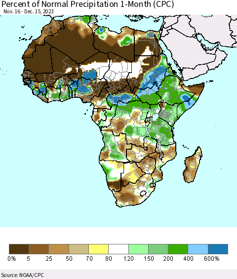 Africa Percent of Normal Precipitation 1-Month (CPC) Thematic Map For 11/16/2023 - 12/15/2023