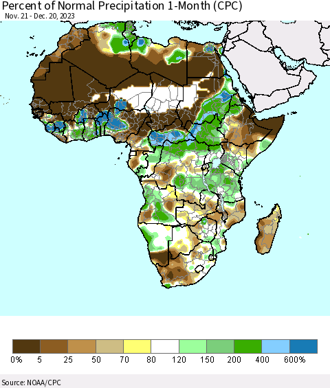 Africa Percent of Normal Precipitation 1-Month (CPC) Thematic Map For 11/21/2023 - 12/20/2023