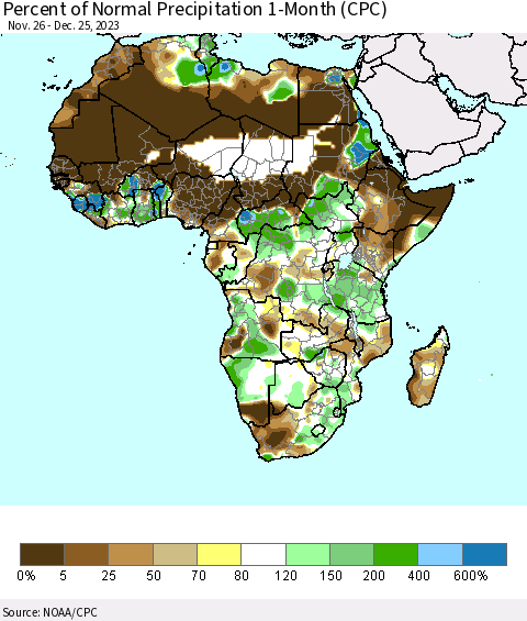 Africa Percent of Normal Precipitation 1-Month (CPC) Thematic Map For 11/26/2023 - 12/25/2023