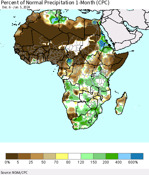 Africa Percent of Normal Precipitation 1-Month (CPC) Thematic Map For 12/6/2023 - 1/5/2024