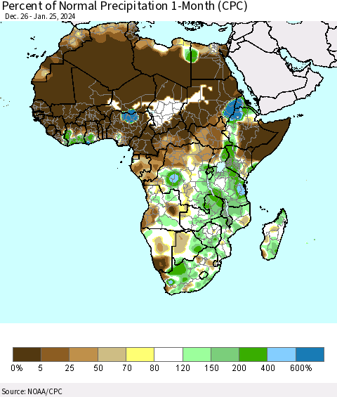 Africa Percent of Normal Precipitation 1-Month (CPC) Thematic Map For 12/26/2023 - 1/25/2024