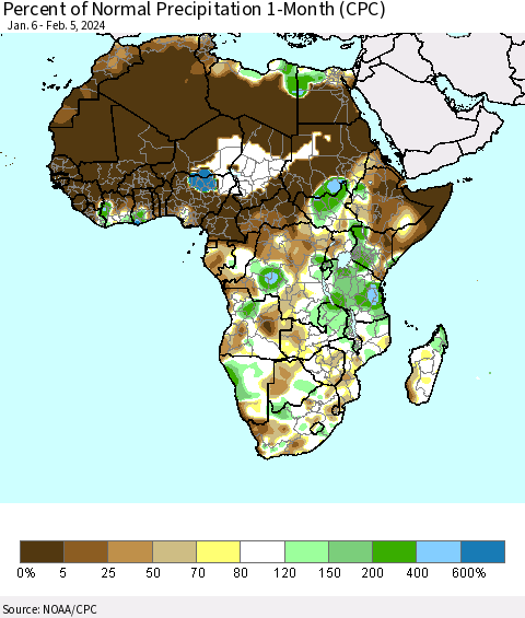 Africa Percent of Normal Precipitation 1-Month (CPC) Thematic Map For 1/6/2024 - 2/5/2024