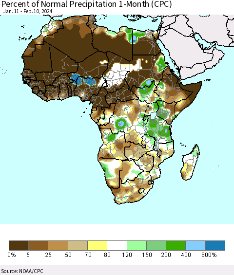 Africa Percent of Normal Precipitation 1-Month (CPC) Thematic Map For 1/11/2024 - 2/10/2024