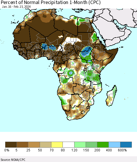Africa Percent of Normal Precipitation 1-Month (CPC) Thematic Map For 1/16/2024 - 2/15/2024