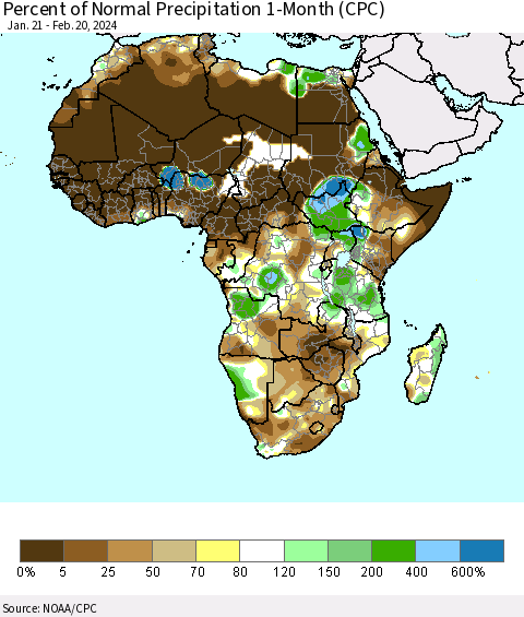 Africa Percent of Normal Precipitation 1-Month (CPC) Thematic Map For 1/21/2024 - 2/20/2024