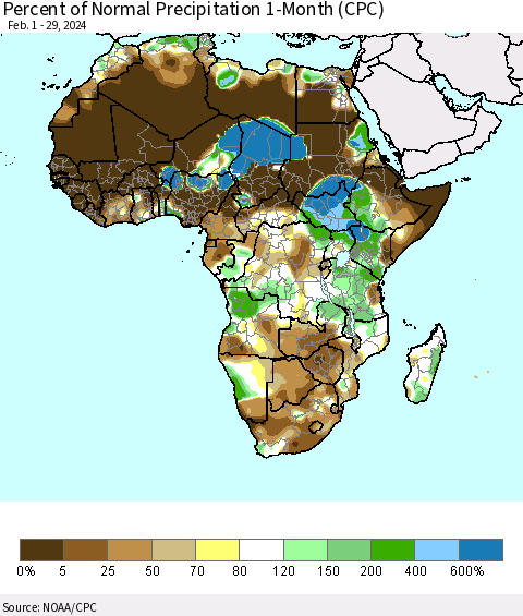 Africa Percent of Normal Precipitation 1-Month (CPC) Thematic Map For 2/1/2024 - 2/29/2024