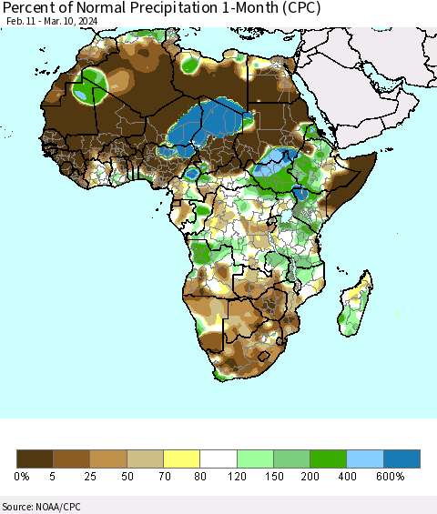 Africa Percent of Normal Precipitation 1-Month (CPC) Thematic Map For 2/11/2024 - 3/10/2024