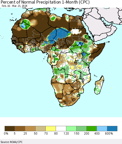 Africa Percent of Normal Precipitation 1-Month (CPC) Thematic Map For 2/16/2024 - 3/15/2024